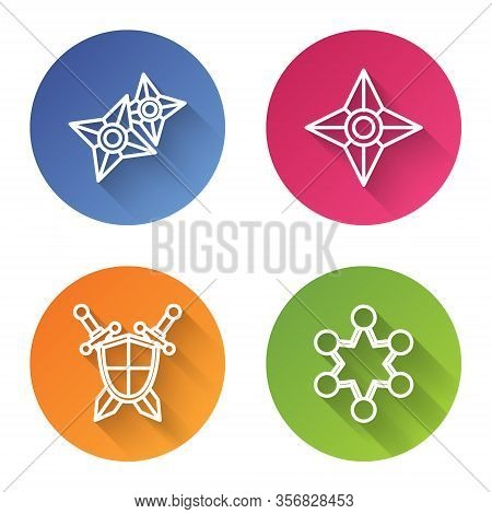 Set Line Japanese Ninja Shuriken, Japanese Ninja Shuriken, Medieval Shield With Crossed Swords And P