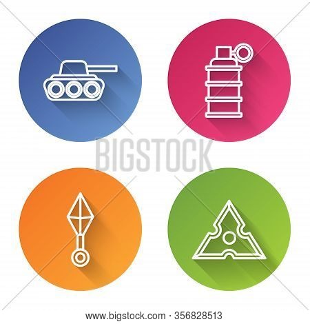 Set Line Military Tank, Hand Grenade, Japanese Ninja Shuriken And Japanese Ninja Shuriken. Color Cir