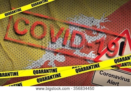Bhutan Flag And Covid-19 Quarantine Yellow Tape With Red Stamp. Coronavirus Or 2019-ncov Virus