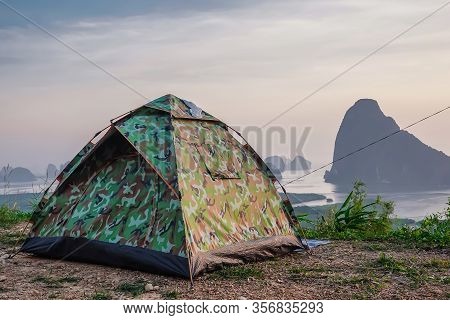 Tent Camping On The High Mountains With Blue Sky In Morning At Samet Nangshe, Phang Nga Province,tha