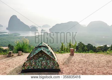 Tent Camping On The High Mountains With Blue Sky In Morning At Samet Nangshe, Phang Nga Province,tha