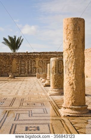 Columns And Mosaic Floor Of The Great Baths At The Sufetula Roman Ruins In Sbeitla, Tunisia.