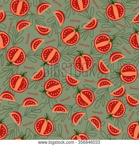 Red Tomato Halves With Leaves Pattern Vector