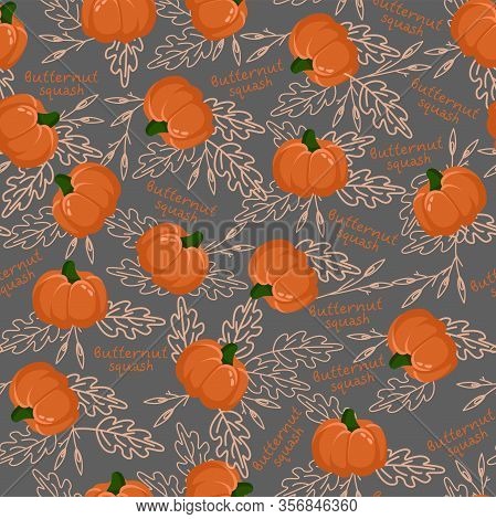 Orange Pumpkin Squash With Leaves Pattern Vector
