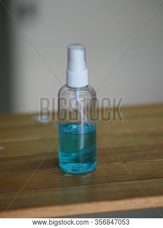 Alcoholic In Clear Spray Plastic Bottle, Washing Clean Dirty To Prevent Germs Protect Colona Virus, 