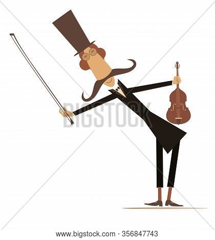 Cartoon Long Mustache Violinist Illustration. Smiling Mustache Man In The Top Hat With Violin And Fi
