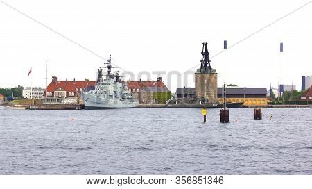 Copenhagen, Denmark - Jul 06th, 2015: View Of The River Or Kopennhagen Haven With A Ship