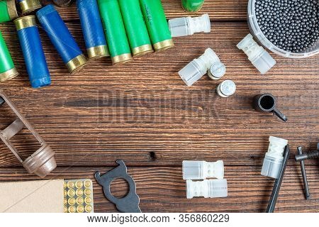 Reloading Process Shotgun Shells With Special Reload Equipment. Powder, Bullets, Fraction, Shells, B
