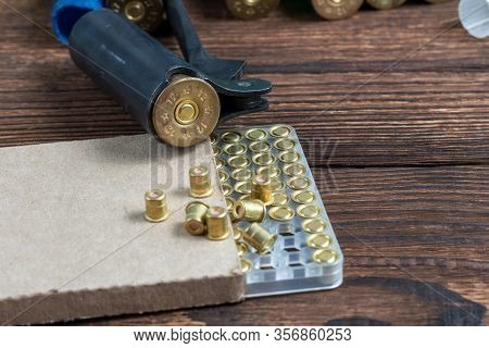 Shotgun Shells Reloading Process With Special Reload Equipment. Powder, Bullets, Fraction, Shells, B