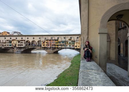Florence, Italy - 12, March, 2018: Wide Angle Picture Of Great View Of Ponte Vecchio, An Old Bridge 