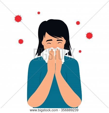 Covid-19. Coronavirus Symptoms. The Kid Is Coughing Behind A Napkin. Runny Nose
