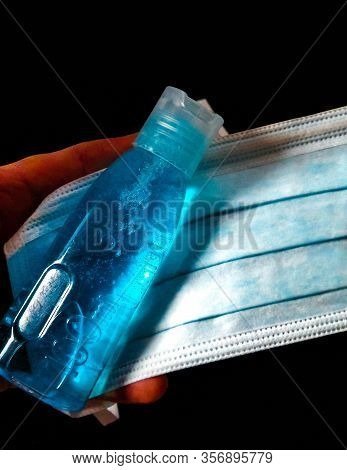 Antibacterial Fluid And Mask. Coronavirus Protection Kit. Hygiene Is Very Important To Avoid Infecti
