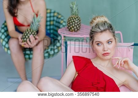 Portrait Of Beautiful Blond Feminine Sad At The Party.