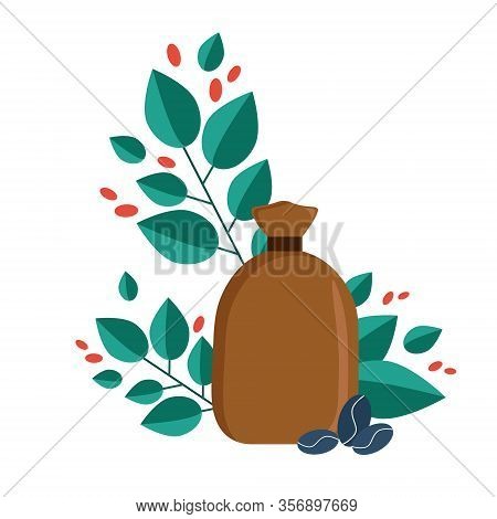 Coffee Bag Flat Icon. Canvas Bag, Leaves, Berries And Fruits Of Coffee, Coffee.