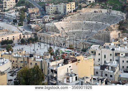 Amman, Jordan - February 15, 2020. View To The Ancient Roman Amphitheater In City Amman, Jordan. Amm
