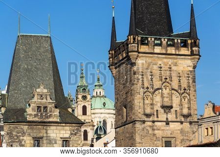 Lesser Town Bridge Tower On Charles Bridge In Prague, Czech Republic, Sunny Day