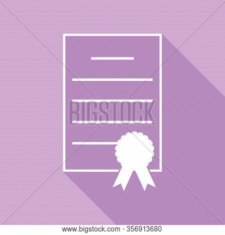 Check Mark Sign Illustration. White Icon With Long Shadow At Purple Background. Illustration.