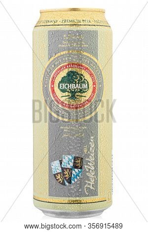 Ukraine, Kiev - March 10. 2020: Aluminium Cold Can Of Eichbaum Premium Hefeweizen Hell Beer, On Whit