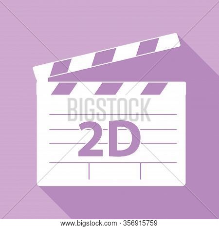 2d Film Sign. White Icon With Long Shadow At Purple Background. Illustration.