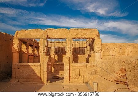 The Ruins Of The Beautiful Ancient Temple Of Dendera Or Hathor Temple. Egypt, Dendera, An Ancient Eg