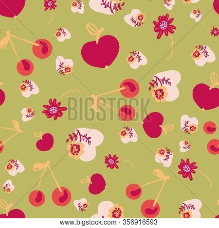Apples, Cherries, Flowers And Hearts Seamless Vector Pattern In Pink Green And Yellow. Organic Fruit