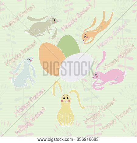 Happy Easter Banner Pastel Colors. Cute Cartoon Easter Bunny, Eggs Stock Vector Illustration For Web
