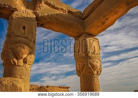 The Ruins Of The Beautiful Ancient Temple Of Dendera Or Hathor Temple. Egypt, Dendera, An Ancient Eg