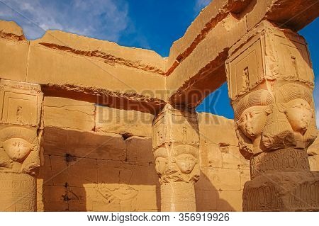 The Ruins Of The Beautiful Ancient Temple Of Dendera Or Hathor Temple. Egypt, Dendera, An Ancient Eg