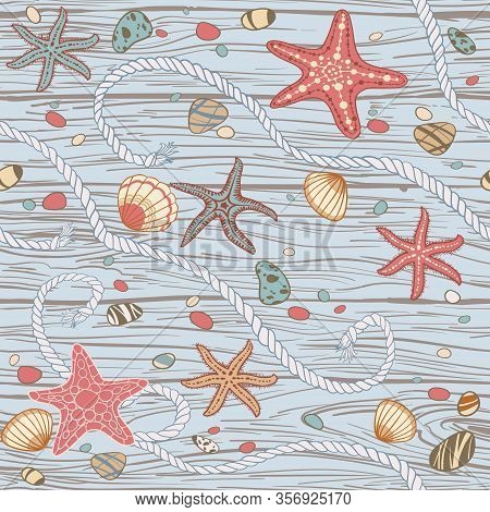 Hand Drawn Seastars, Rope, Seastones And Seashells On Wooden Background, Vector Seamless Pattern.