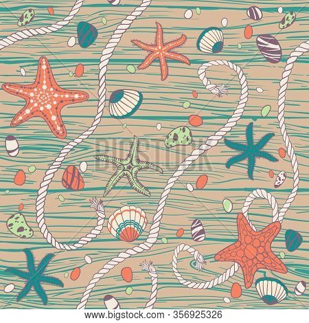 Hand Drawn Seastars, Rope, Seastones And Seashells On Wooden Background. Hand Whritten Summer Letter