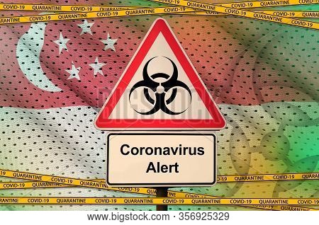Singapore Flag And Covid-19 Biohazard Symbol With Quarantine Orange Tape. Coronavirus Or 2019-ncov V