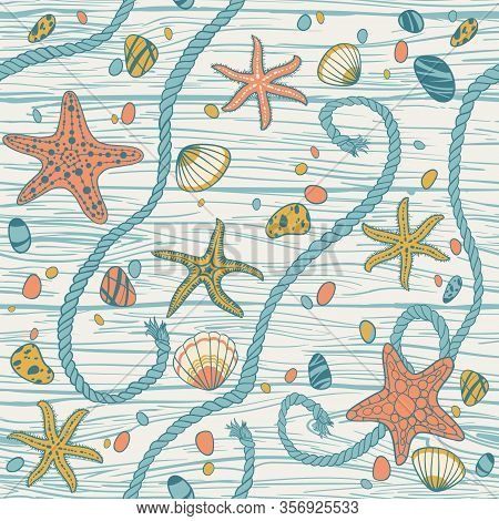 Hand Drawn Seastars, Rope, Seastones And Seashells On Wooden Background, Vector Seamless Pattern.