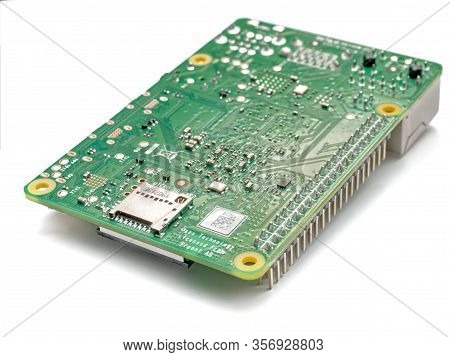 Galati, Romania - March 20, 2020: Close-up Of A Raspberry Pi 4 Model-b. The Raspberry Pi Is A Credit