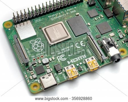 Galati, Romania - March 20, 2020: Close-up Of A Raspberry Pi 4 Model-b. The Raspberry Pi Is A Credit
