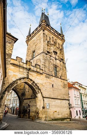 Prague, Czech Republic - March 19, 2020. Malostranska Mostecka Tower As A Beginning/end Of Charles B