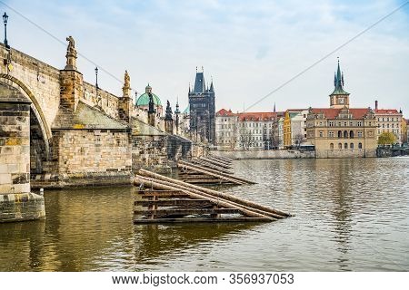 River Pillars On Moldau River In Prague, Czech Republic