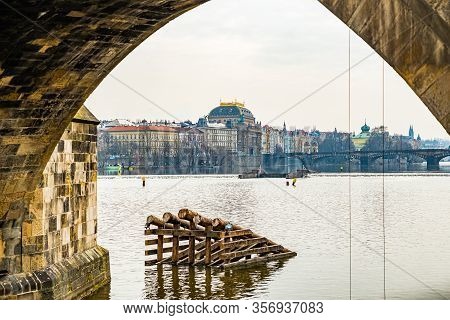 River Pillars On Moldau River In Prague, Czech Republic