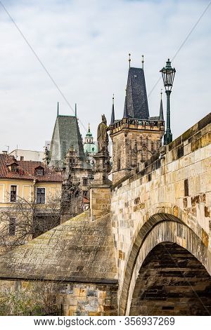 Prague, Czech Republic - March 19, 2020. Malostranska Mostecka Tower As A Beginning/end Of Charles B