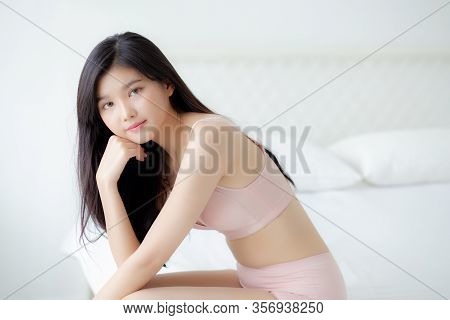 Beautiful Portrait Young Asian Woman Sexy In Underwear Figure Fit Relax With Seductive In Bedroom, B