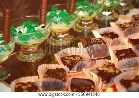 Coconut Pandan And Brownies Desserts Serve In Restaurant