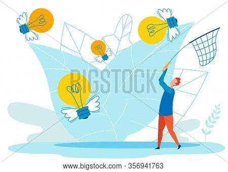 Creative Ideas Metaphor Flat Vector Illustration. Man, Boy With Butterfly Net Catching Winged Lightb