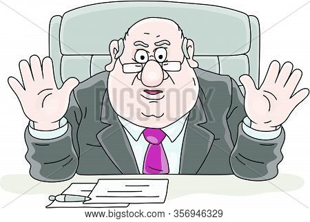Government Official Sitting At His Desk, Waving Hands And Making A Speech At A Meeting Or At A Press