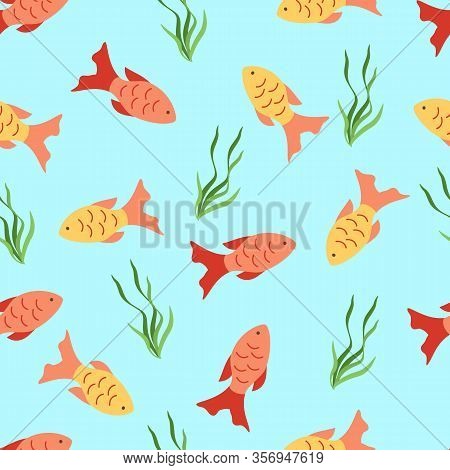 Seamless Pattern Of Red And Gold Fish Swimming In Blue Water And Green Algae. Vector Illustration Wa