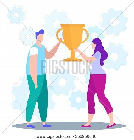 Idea Generation. Creating Business Ideas. Man And Woman Hold In Hand Champion Cup. Turn Into Reality