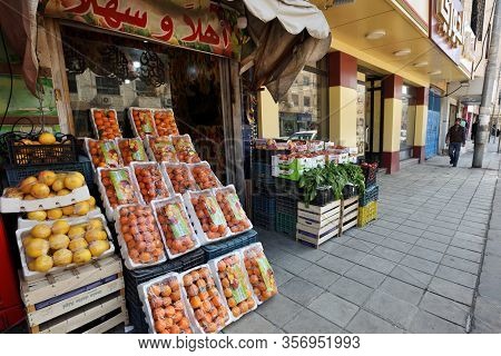 Madaba, Jordan - February 16, 2020. Fruits And Vegetables For Sale In Street Of Madaba, Jordan On Fe
