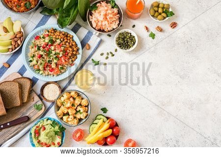 Vegan Dinner Table, Set Of Healthy Vegan Vegetarian Dishes For Lunch - Quinoa And Chickpea Salad, Fr