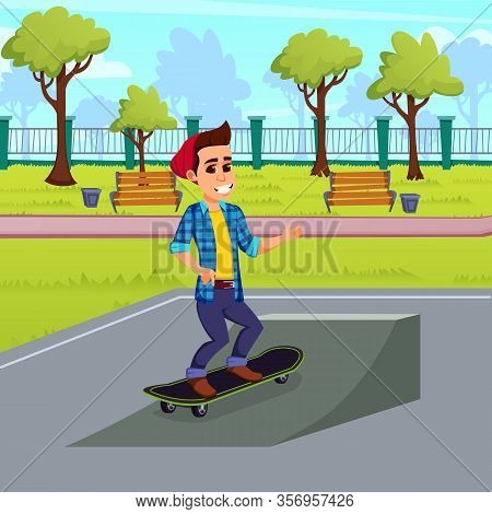Active Hobby In Open. Teenage Boy, Wearing Red Beany Hat, Training And Having Fun Alone In Local Par