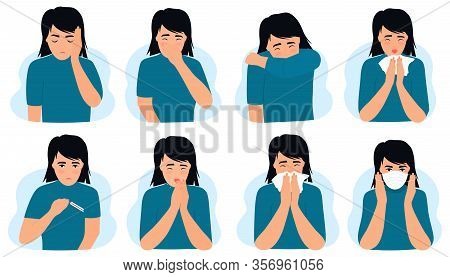 Flu And Cold Symptoms. Coronavirus, Covid-19 Girl Suffering From Fever, Runny Nose, Cough, Headache.