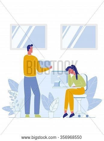 Busy Office People Working Workplace At Flat Cartoon. Man Currier Carrying Parcel Bringing Cupboard 