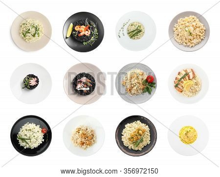 Collage With Delicious Rissotos On White Background, Top View